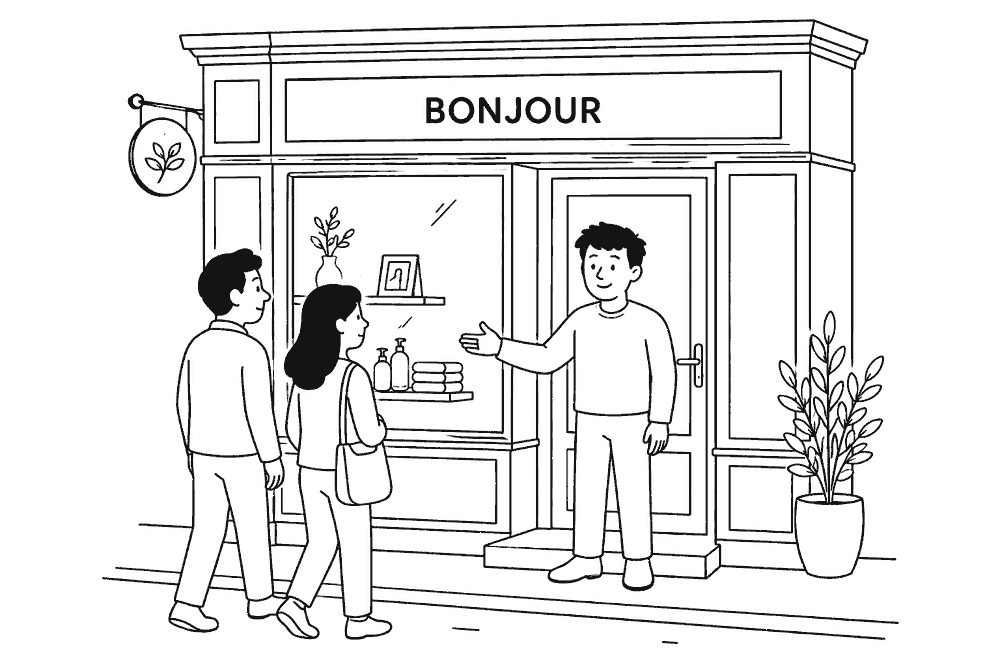 Un commerçant accueille des clients dans sa boutique